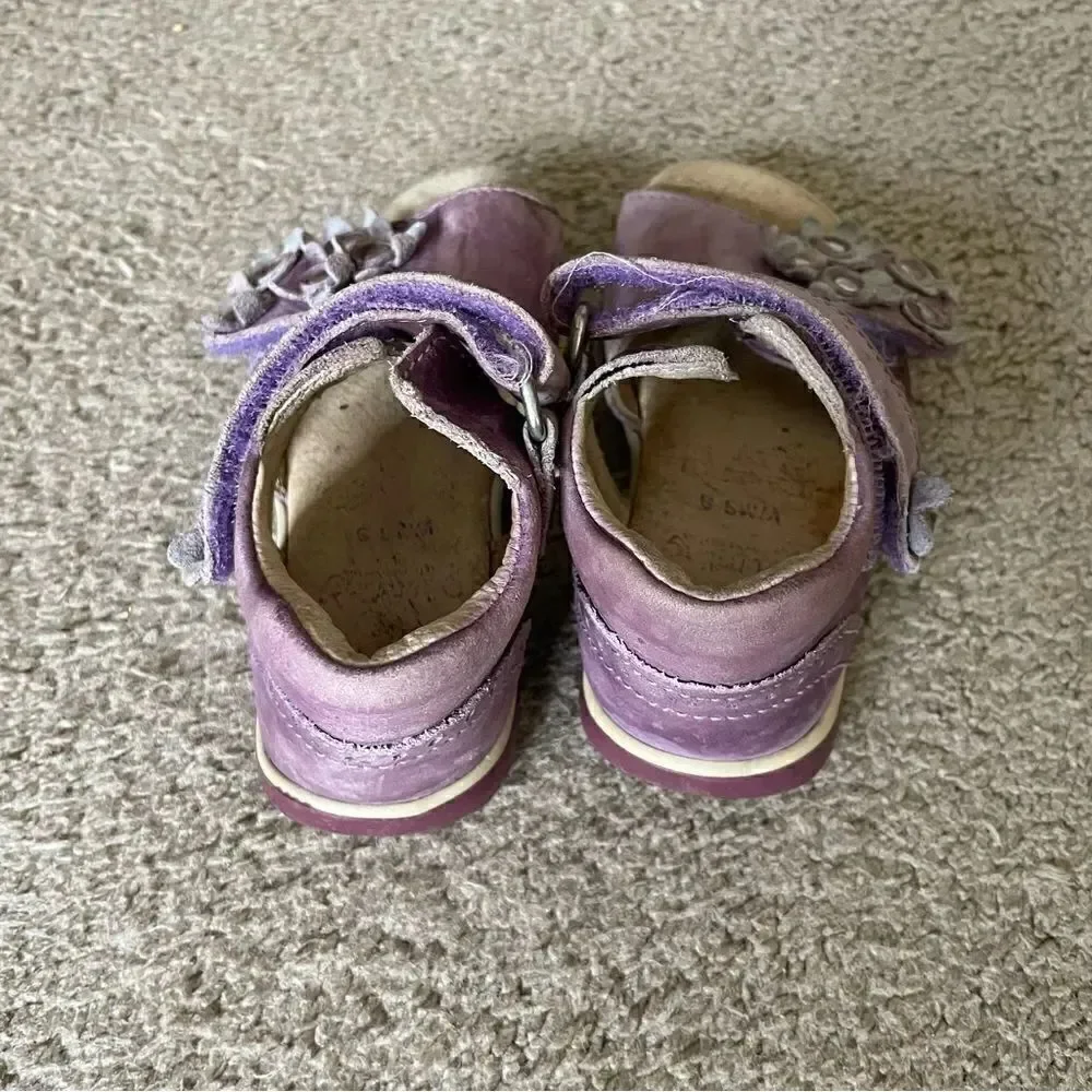 Däumling German Girl Leather Walking Learning Shoe Purple with Flowers Size 7